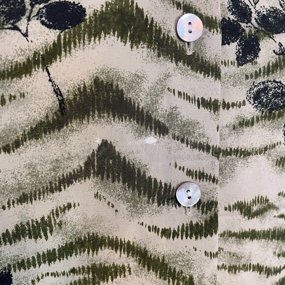 Vintage Blouse Top Size Small Olive Green Boho Leaf Print Long Sleeve Button - Picture 9 of 13